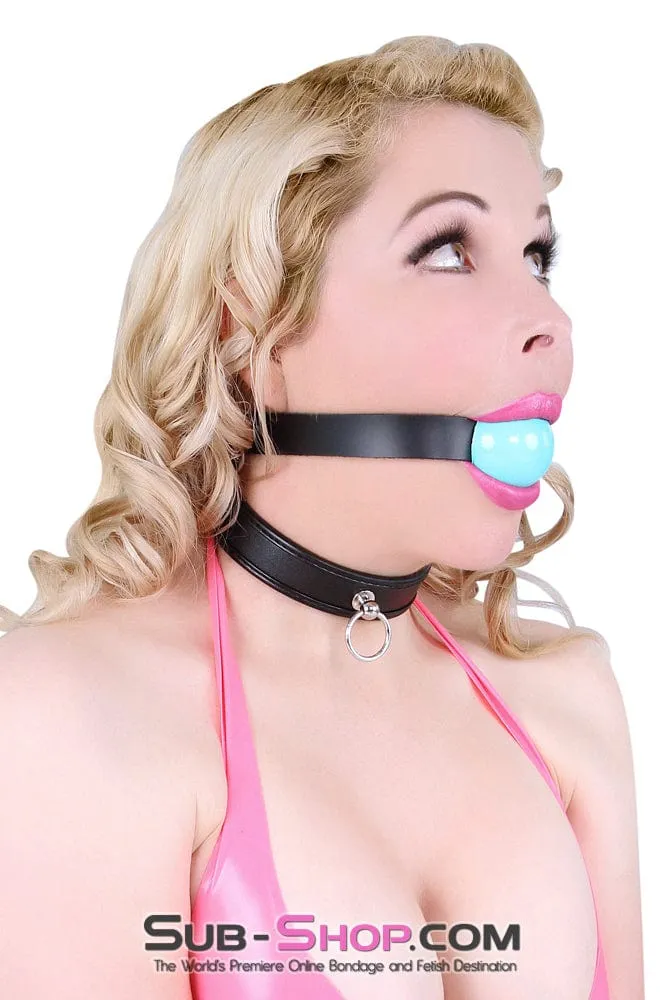 0596A      Classic Black Leather Ball Gag Strap. Diamond Blue Ball