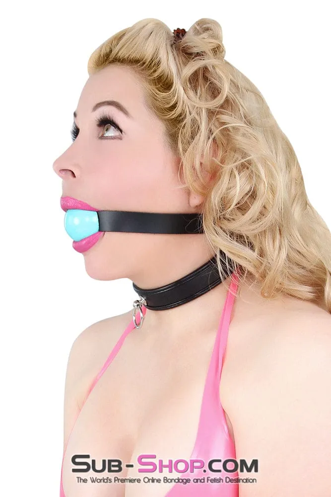 0596A      Classic Black Leather Ball Gag Strap. Diamond Blue Ball
