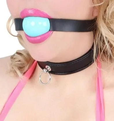 0596A      Classic Black Leather Ball Gag Strap. Diamond Blue Ball