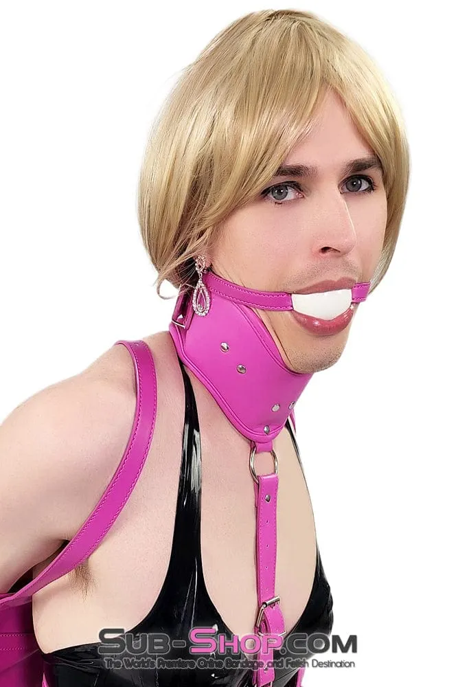 0614DL-SIS      White Rubber Ballgag on Hot Pink Pretty Sissy Strap
