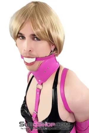 0614DL-SIS      White Rubber Ballgag on Hot Pink Pretty Sissy Strap