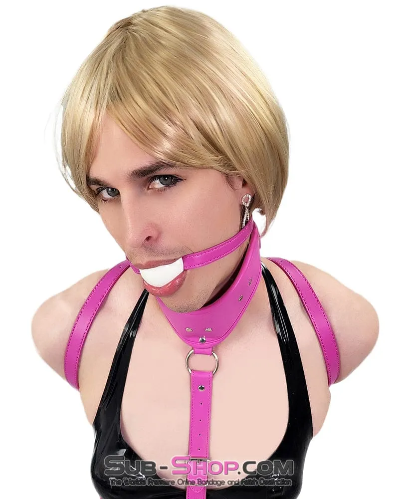 0614DL-SIS      White Rubber Ballgag on Hot Pink Pretty Sissy Strap