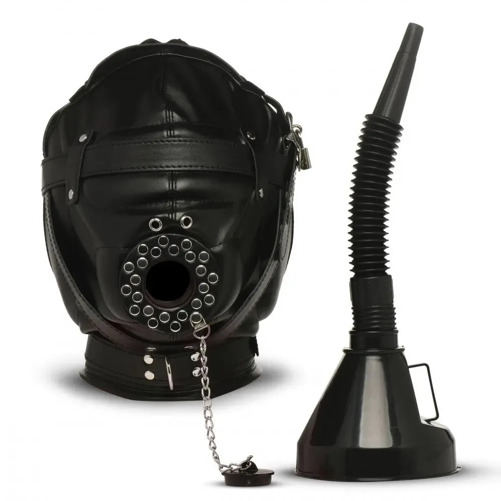 BDSM Degraded Sensory Deprivation Bondage Hood with Funnel
