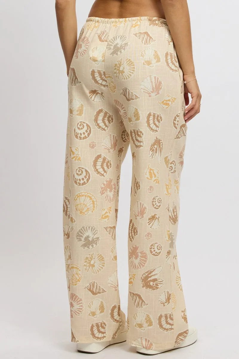 Beige Abstract Wide Leg Pants High Rise