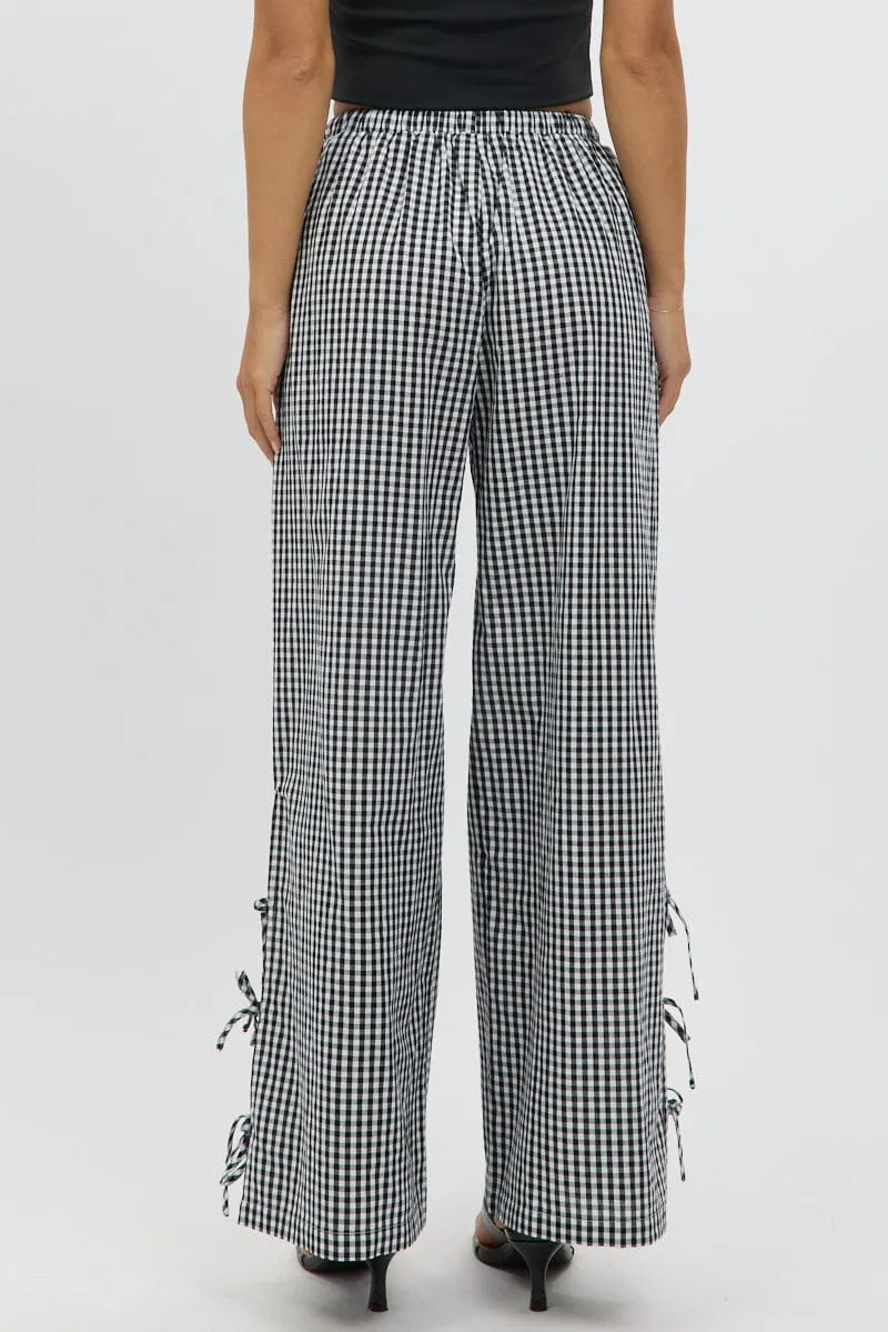 Black Check Wide Leg Pants Side Ribbon
