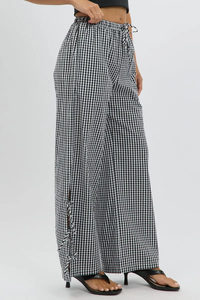 Black Check Wide Leg Pants Side Ribbon