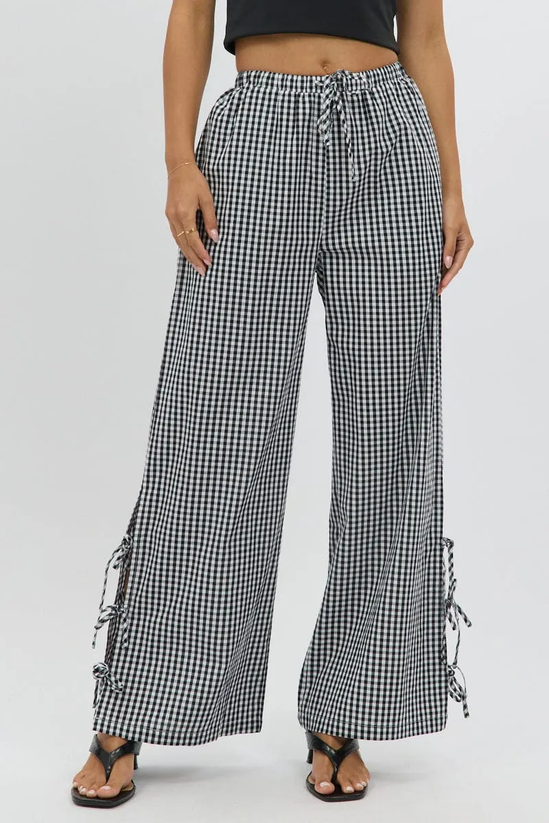 Black Check Wide Leg Pants Side Ribbon