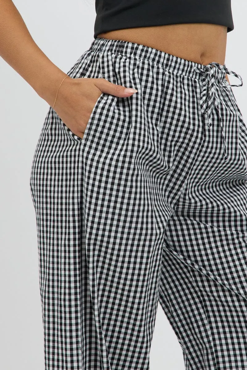 Black Check Wide Leg Pants Side Ribbon