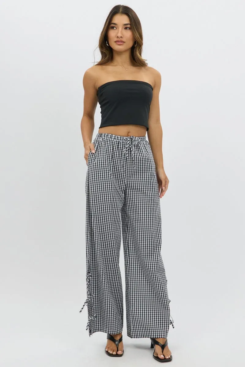 Black Check Wide Leg Pants Side Ribbon