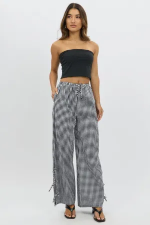 Black Check Wide Leg Pants Side Ribbon