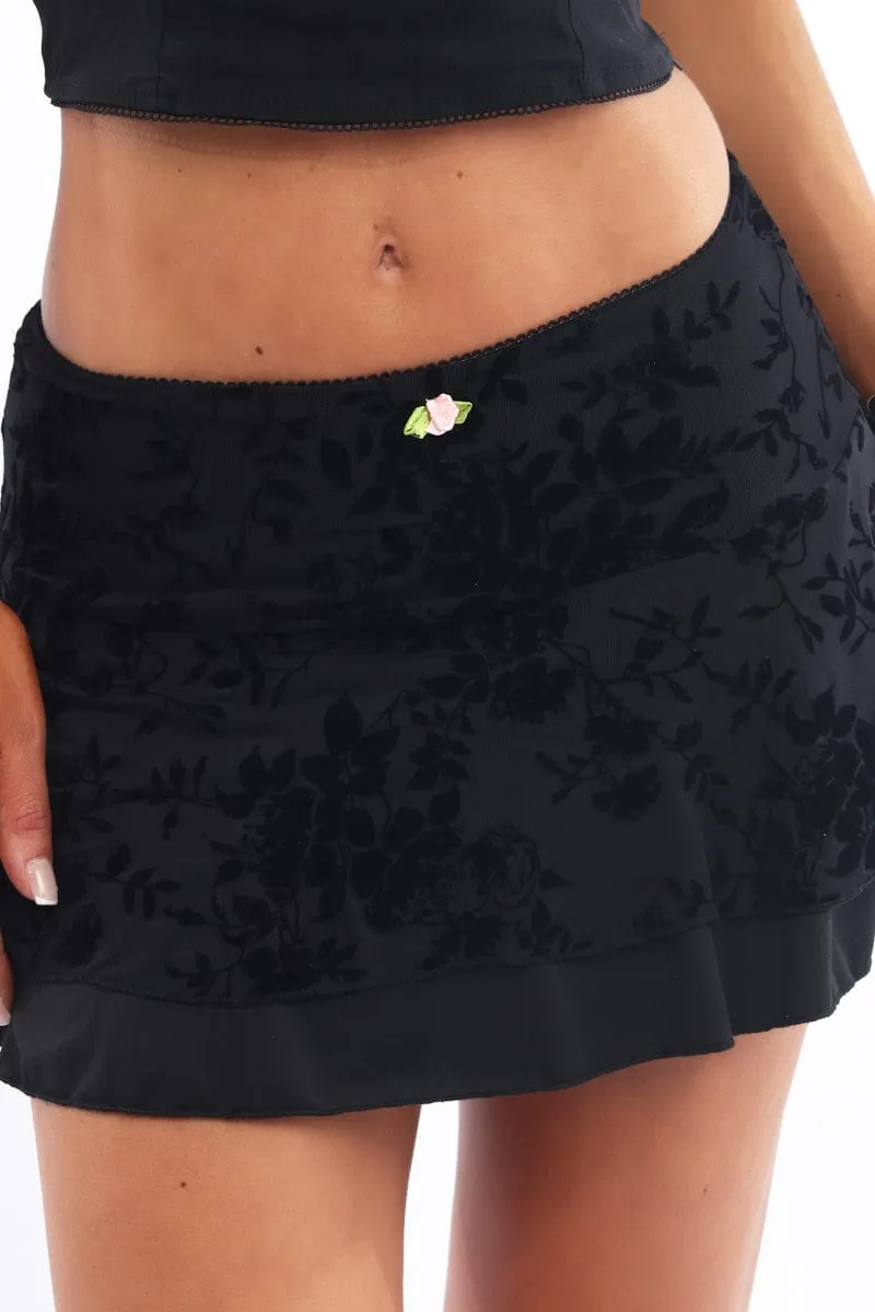 Black Floral Mini Skirt Elastic Waist Skater Layered Burnout