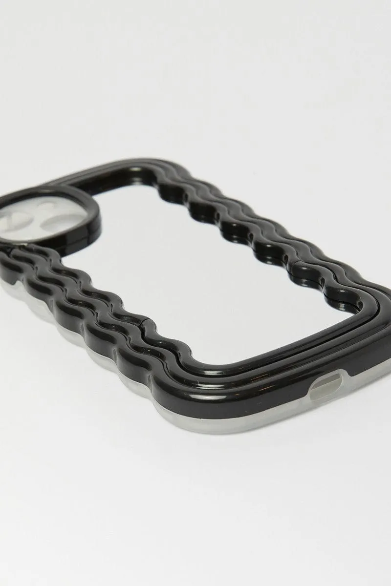 Black iPhone 14 Wavy Abstract Mirror Case with Holder