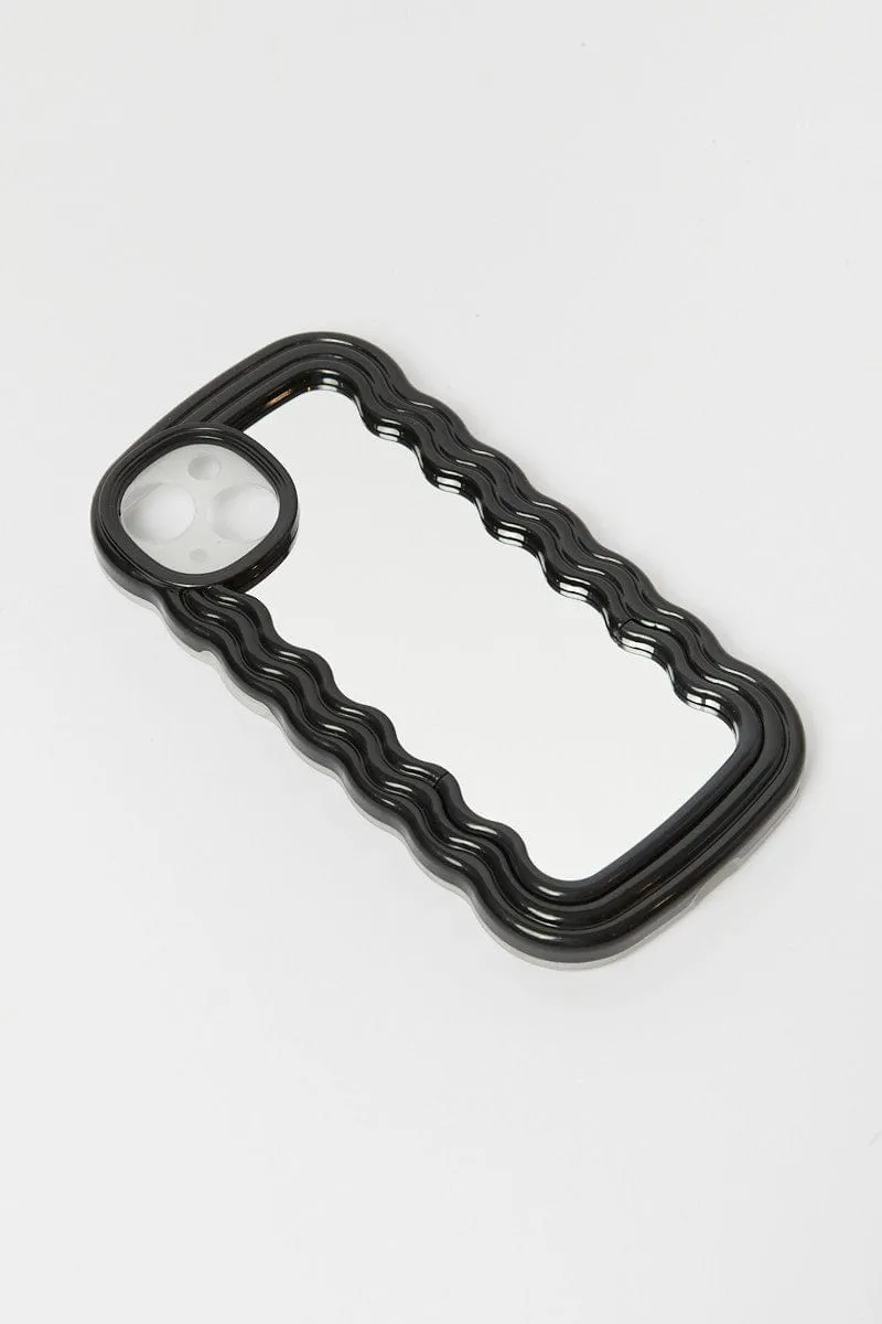 Black iPhone 14 Wavy Abstract Mirror Case with Holder