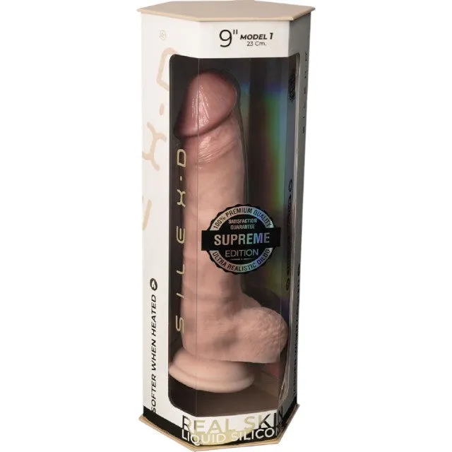 Dildo SILEX-D 9 Model 1 Supreme Edition. design realist cu testicule. reactiv la căldură. bază cu ventuză. 23 cm. culoarea pielii