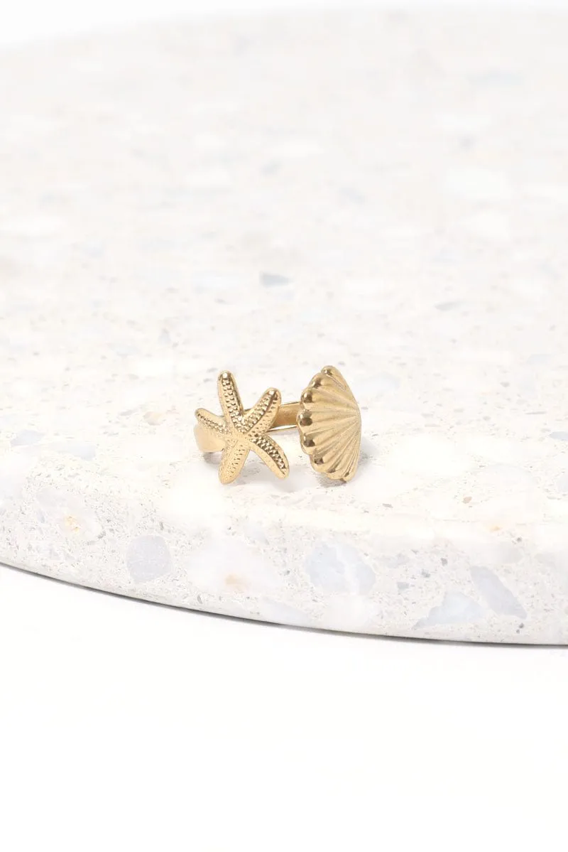 Gold Shell and Starfish Ring