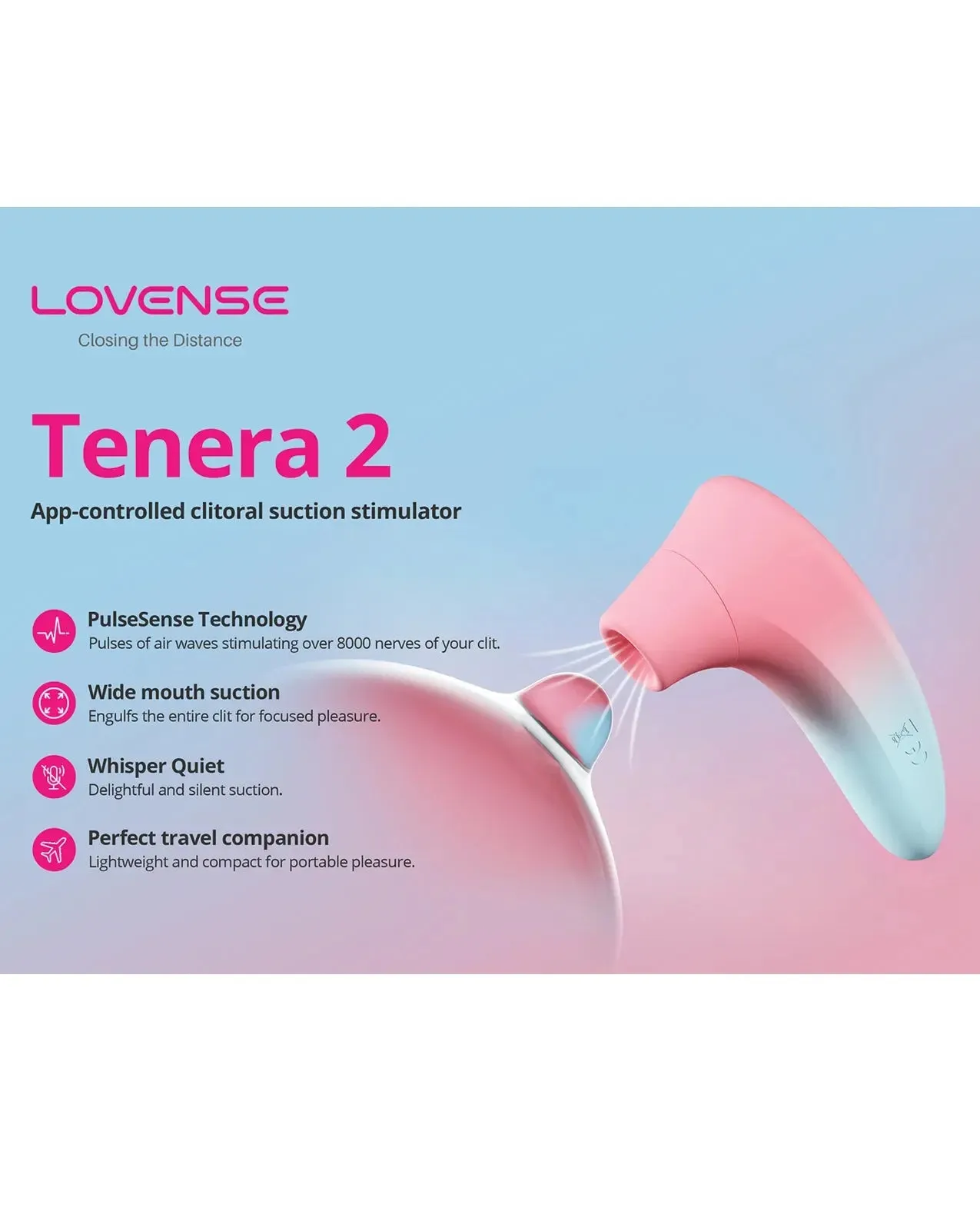 Lovense Tenera 2 Bluetooth Clitoral Suction Vibrator Sex Toy - Pink/Blue