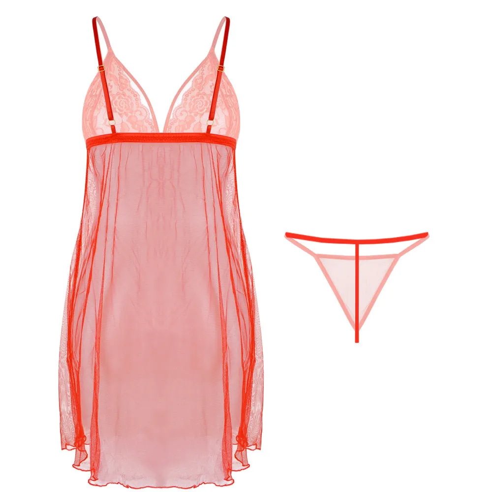 See-through Lace Tulle Sexy Erotic Suspenders Nightgown 7329