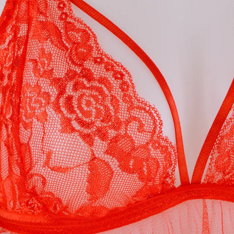 See-through Lace Tulle Sexy Erotic Suspenders Nightgown 7329