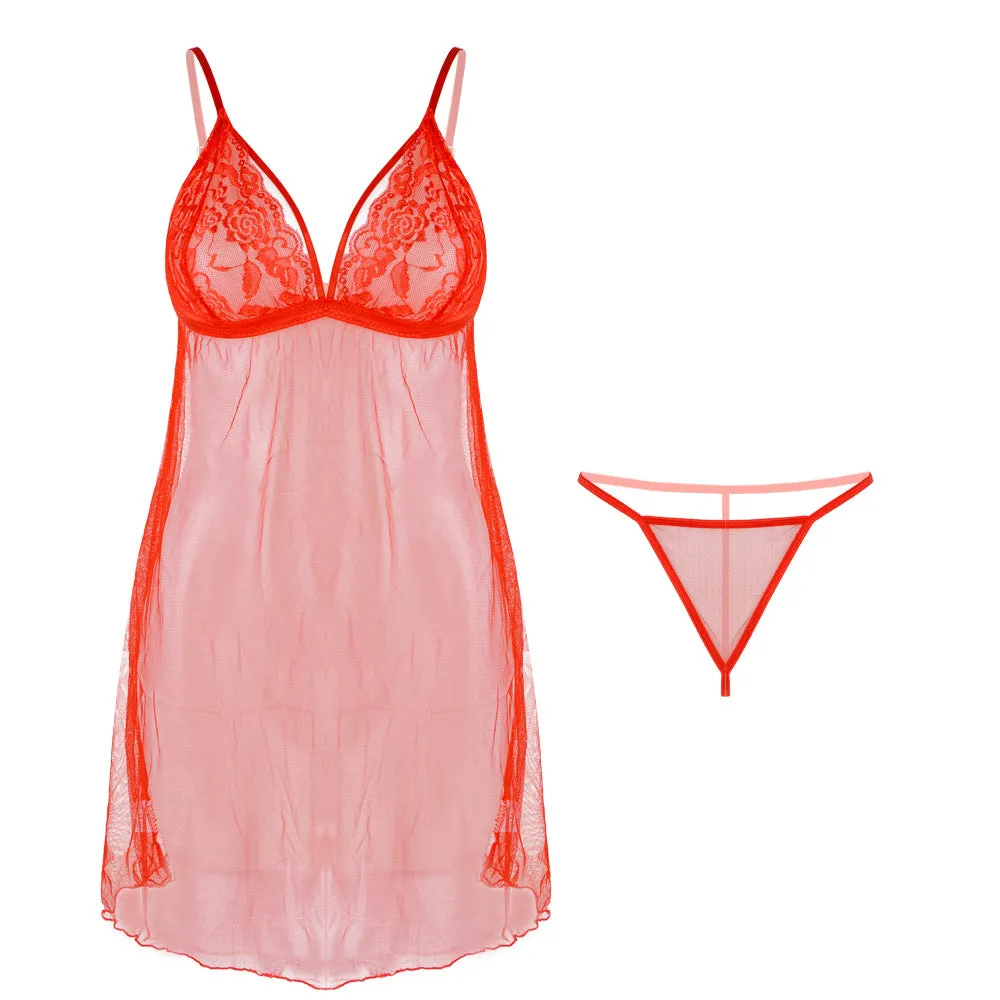 See-through Lace Tulle Sexy Erotic Suspenders Nightgown 7329