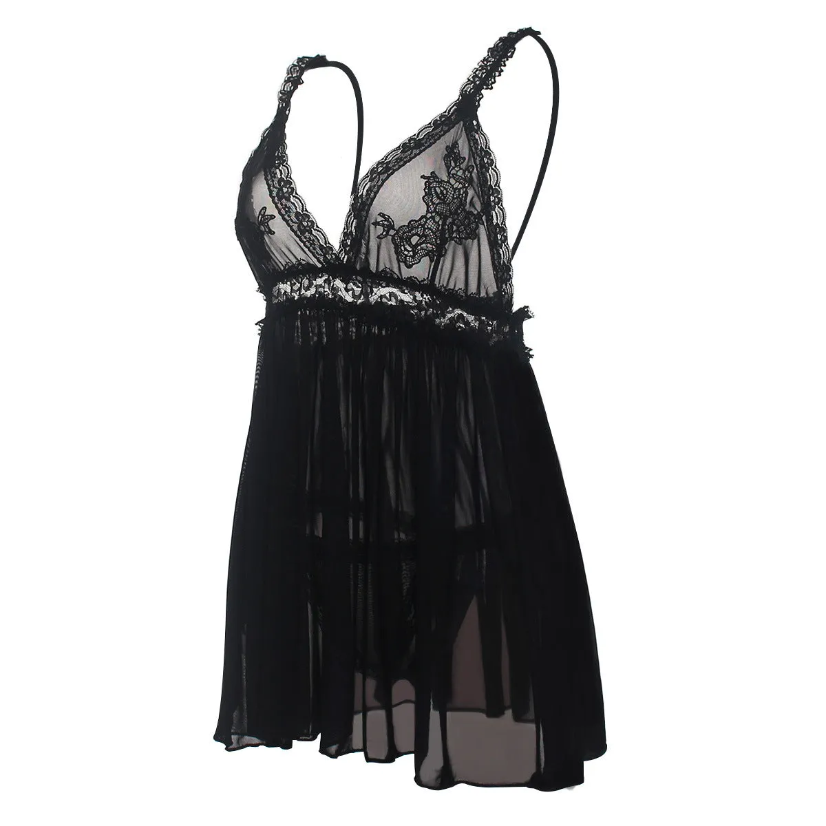 Sexy Erotic Hanging Neck Bow Temptation Cute Deep V Mesh Lace Dress with Tanga 7141