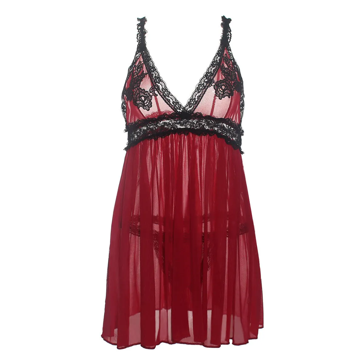 Sexy Erotic Hanging Neck Bow Temptation Cute Deep V Mesh Lace Dress with Tanga 7141