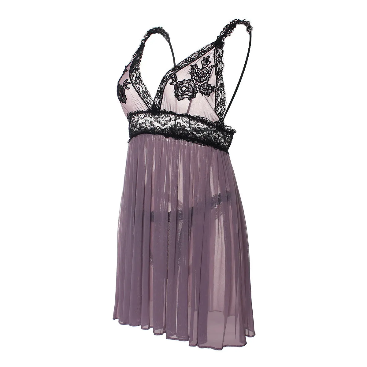 Sexy Erotic Hanging Neck Bow Temptation Cute Deep V Mesh Lace Dress with Tanga 7141