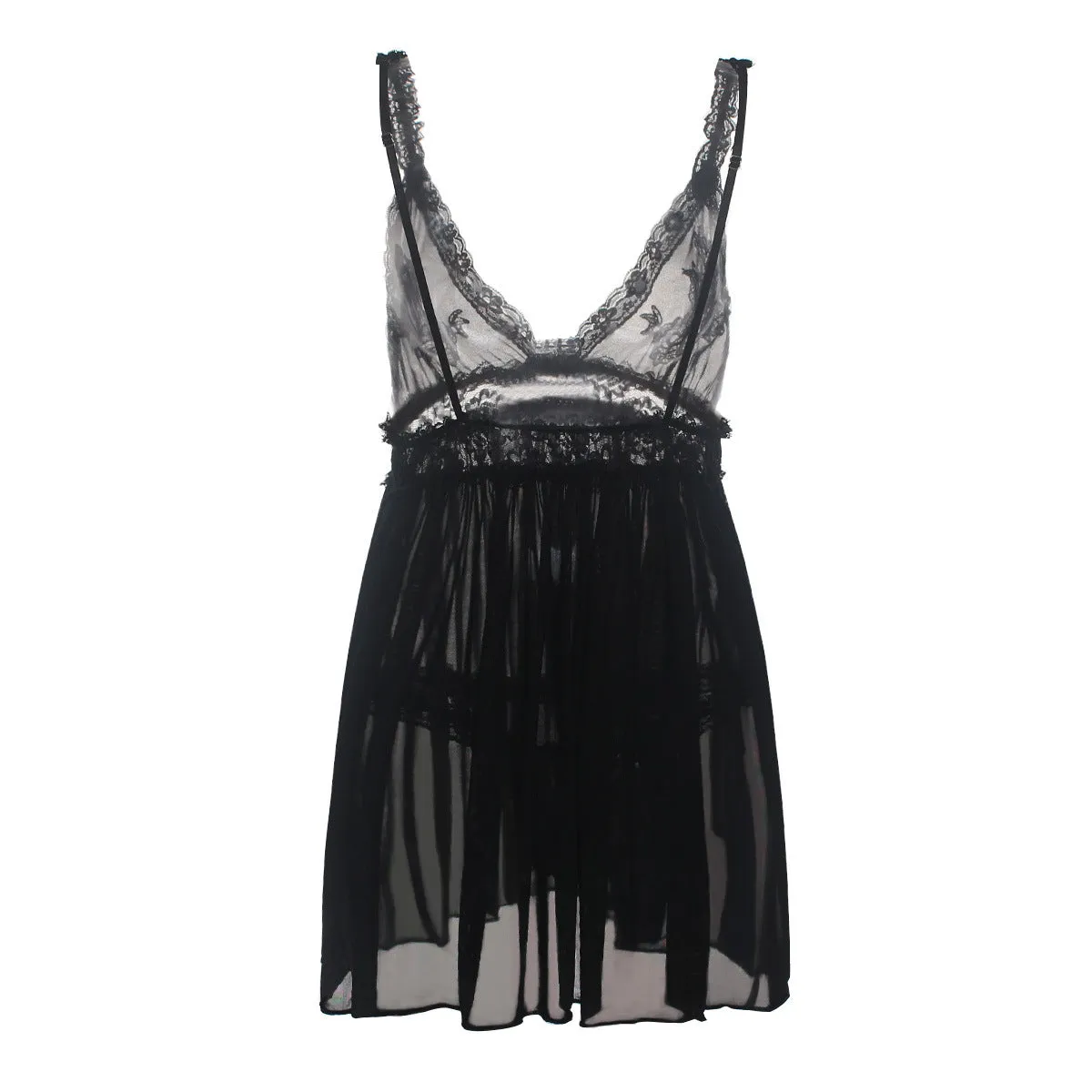 Sexy Erotic Hanging Neck Bow Temptation Cute Deep V Mesh Lace Dress with Tanga 7141