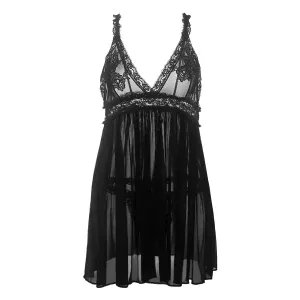 Sexy Erotic Hanging Neck Bow Temptation Cute Deep V Mesh Lace Dress with Tanga 7141