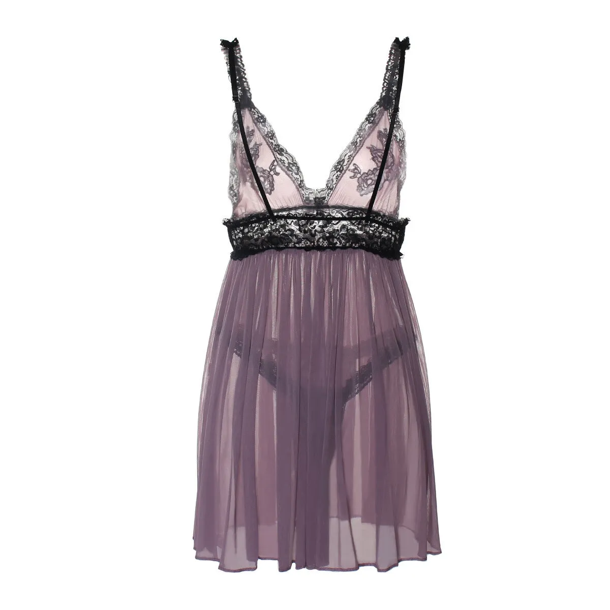 Sexy Erotic Hanging Neck Bow Temptation Cute Deep V Mesh Lace Dress with Tanga 7141