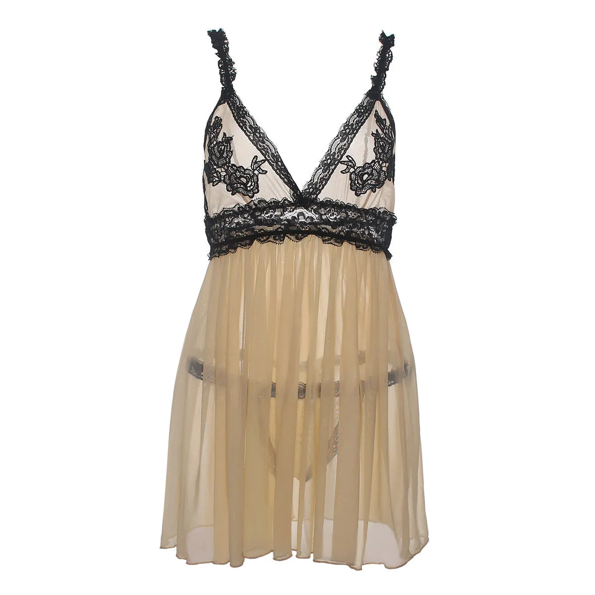 Sexy Erotic Hanging Neck Bow Temptation Cute Deep V Mesh Lace Dress with Tanga 7141
