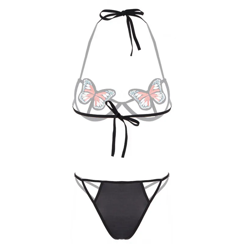 Sexy Lingerie Hollow Butterfly Straps Exposed Breast Three-point Suit 2052