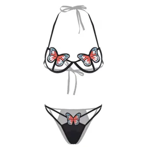 Sexy Lingerie Hollow Butterfly Straps Exposed Breast Three-point Suit 2052