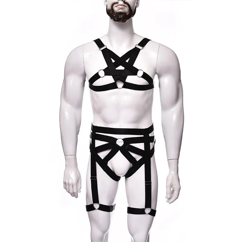 Spandax Pentagram Chest And Garter Harness Set | Adjustable | Bulge Pouch | Black
