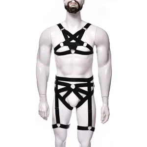 Spandax Pentagram Chest And Garter Harness Set | Adjustable | Bulge Pouch | Black