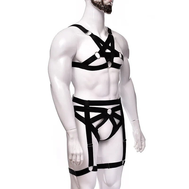 Spandax Pentagram Chest And Garter Harness Set | Adjustable | Bulge Pouch | Black