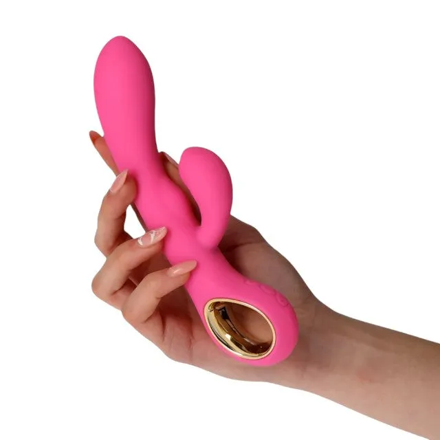 Vibrator rabbit TOYZ4LOVERS Handy G-Double Touch Grip. pentru clitoris și punctul G. 10 funcții de vibrație. 18.8 cm. roz cu auriu